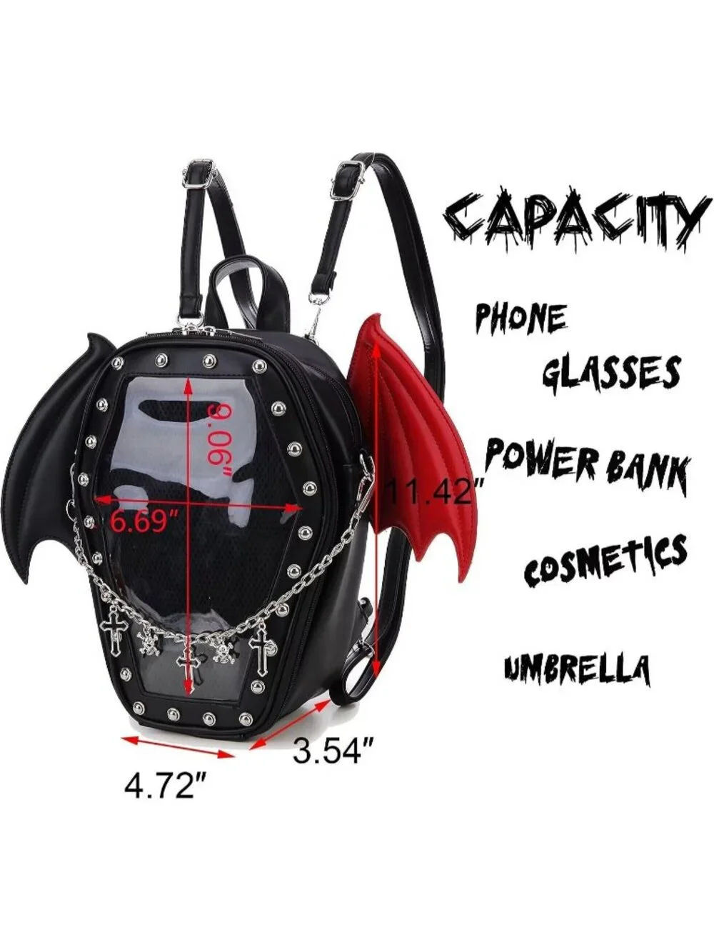 Women’s Black Red Wing Gothic Coffin Purse Halloween PIN Imported Backpack Bag